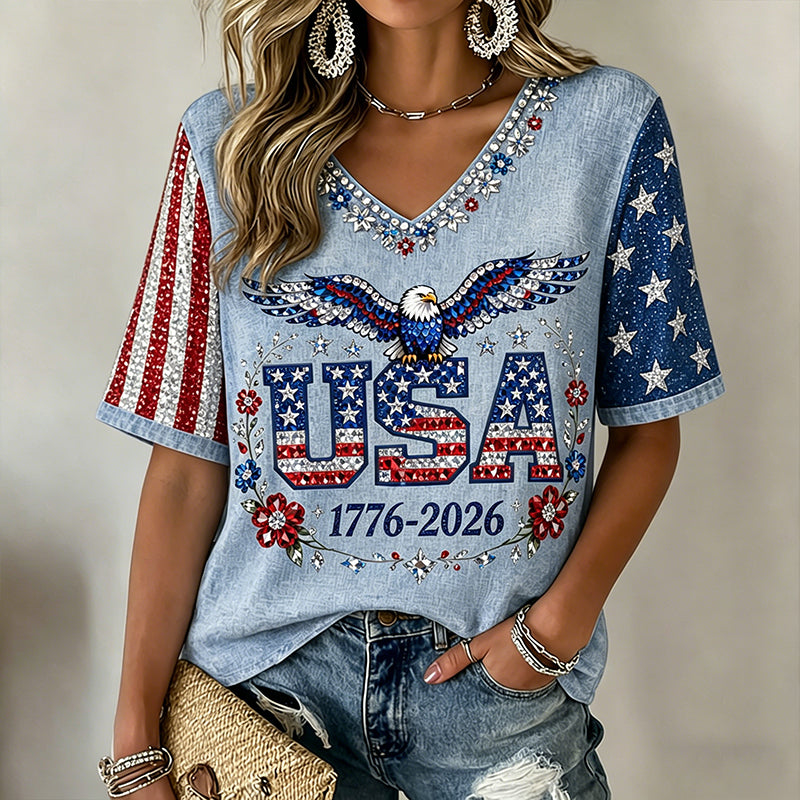 Women's Retro Flag Rhineston Pattern Casual T-shirt