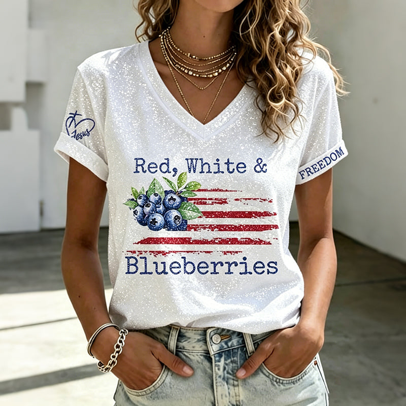 V-neck Retro Independence Day Red, White & Blueberries Freedom Jesus Print T-shirt