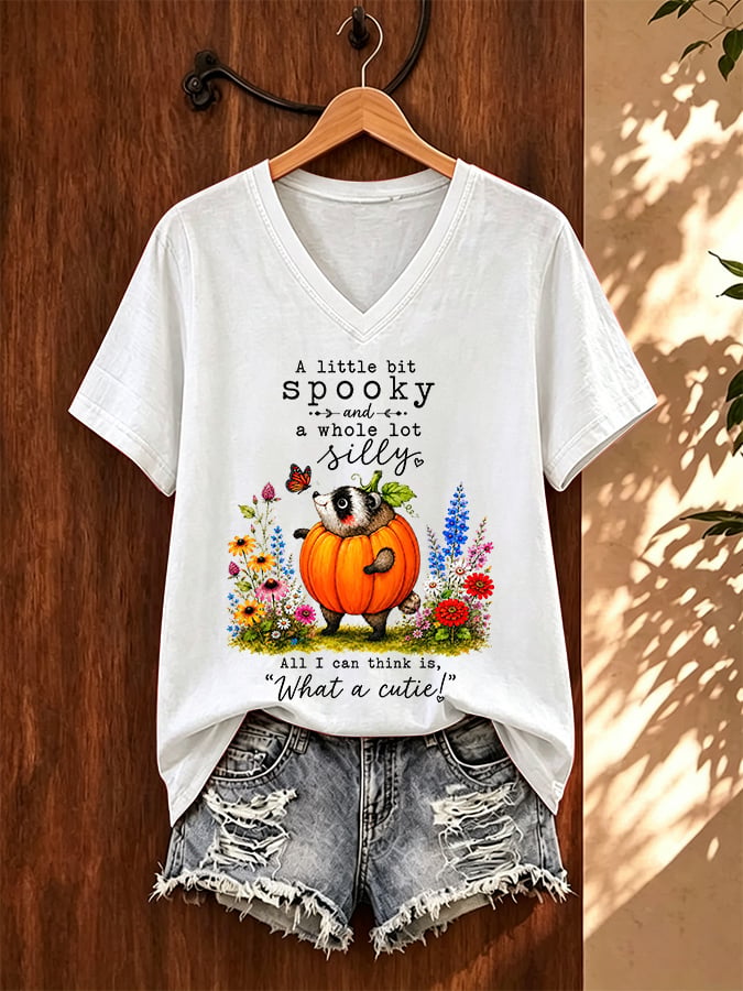 V-Neck Retro Jimothy Raccoon A Little Bit Spooky And A Whole Lot Silly. All I Can Think Is . What A Cutie Print T-Shirt