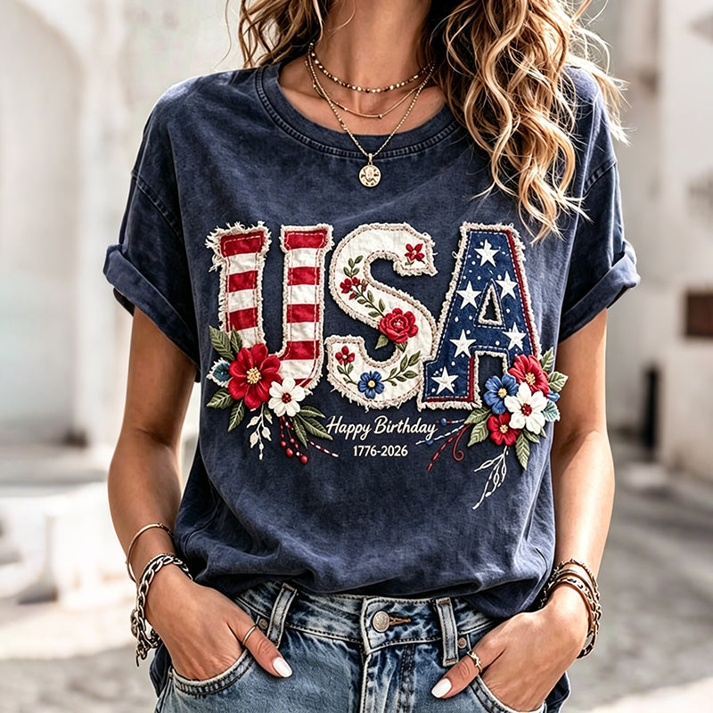 Women's Usa Happy Birthday Printed Casual T-shirt