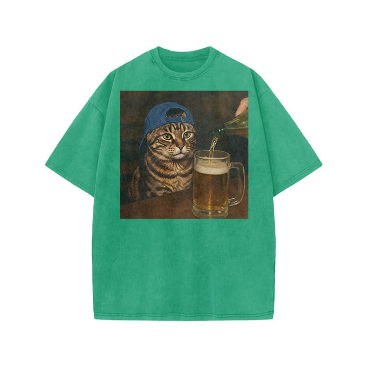 Vintage Beer Cat Graphic Print Acid Washed T-shirt