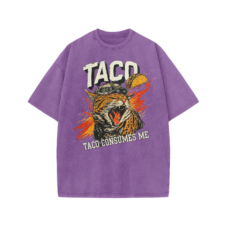 Vintage TACO CONSUMES ME Cat Graphic Print Acid Washed T-shirt