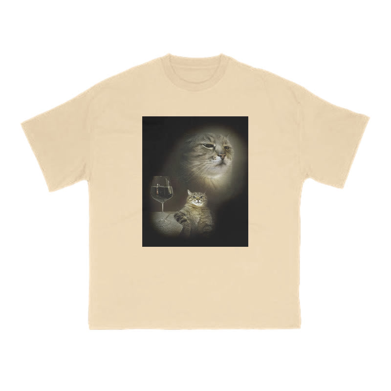 Unisex Cat And Wine Print T-shirt