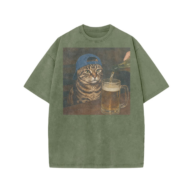 Vintage Beer Cat Graphic Print Acid Washed T-shirt