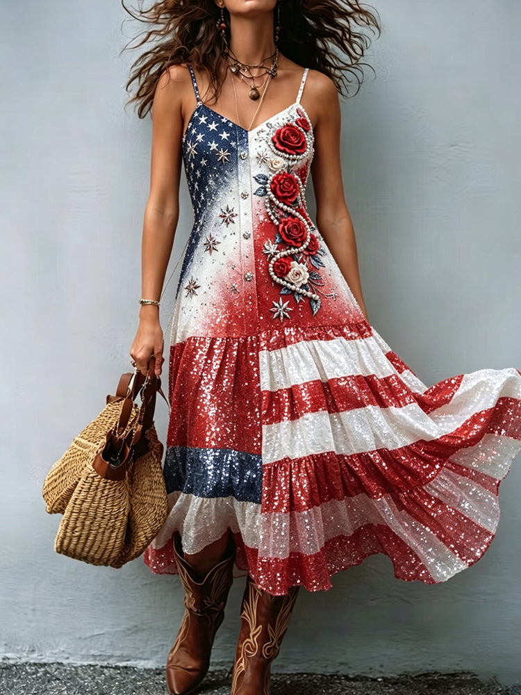 Vintage Floral American Flag Print Maxi Dress