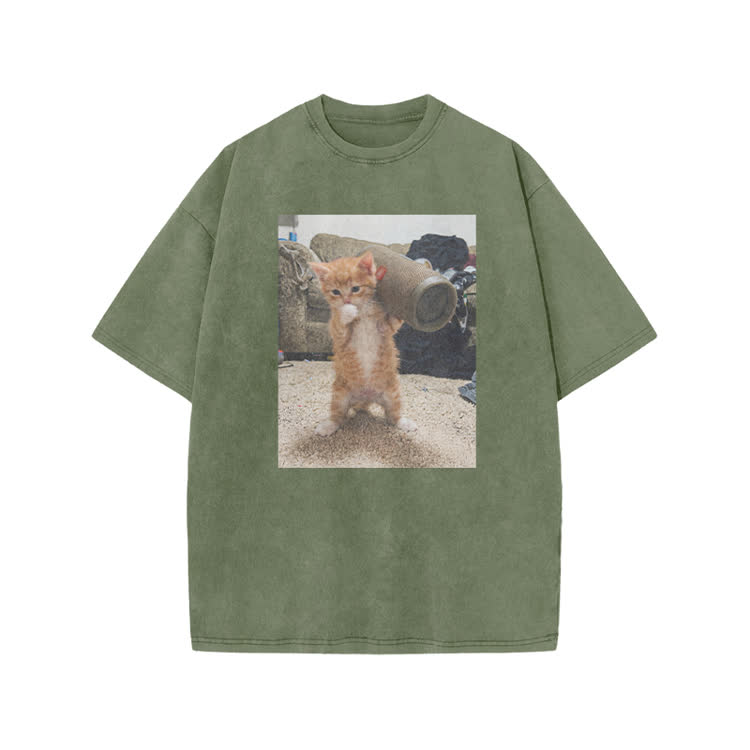 Playful Orange Cat Photo Graphic Print Acid Washed T-Shirt