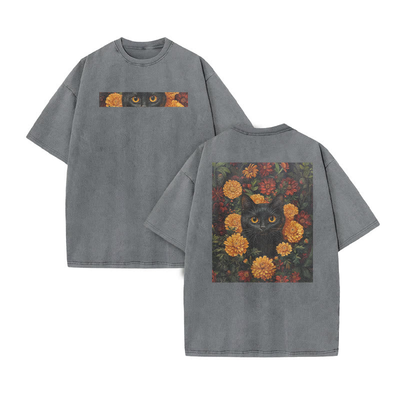 A Black Cat In A Field Of Chrysanthemums Print Acid Washed T-shirt