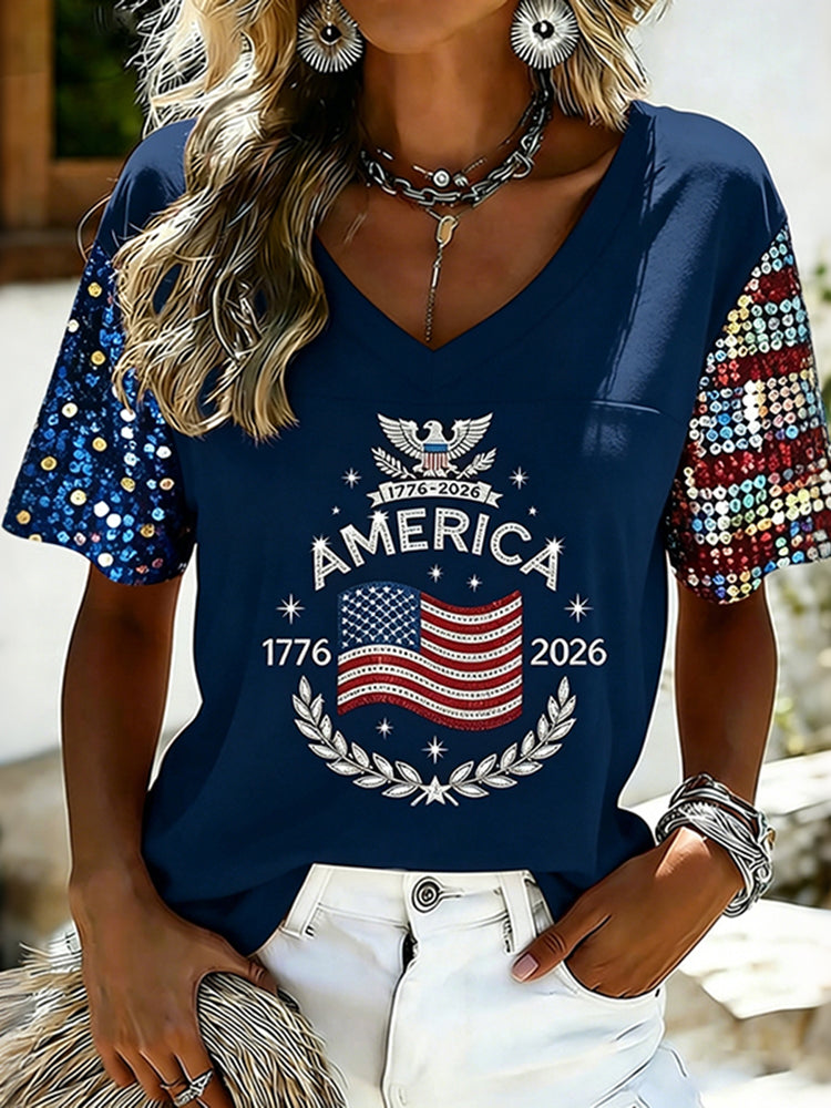 Women's American Flag Art Sequin Casual V-neck Short Sleeve Top