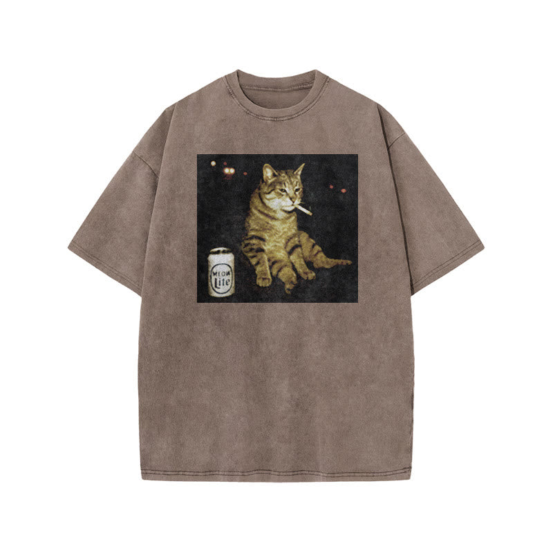 The Decadent Smoking Cat Meow Lite Beer Print Acid Washed T-shirt