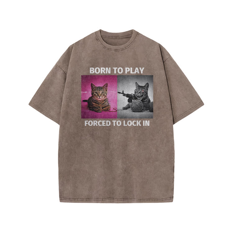 Casual Born to Play Cat Graphic Print Acid Washed T-shirt