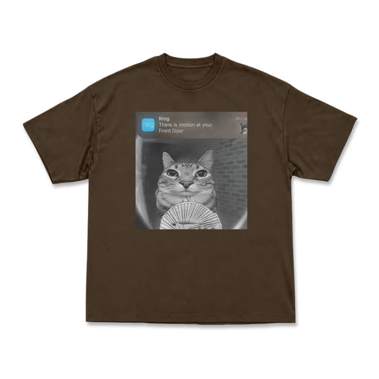 Casual Cat Doorbell Graphic Crew Neck T Shirt