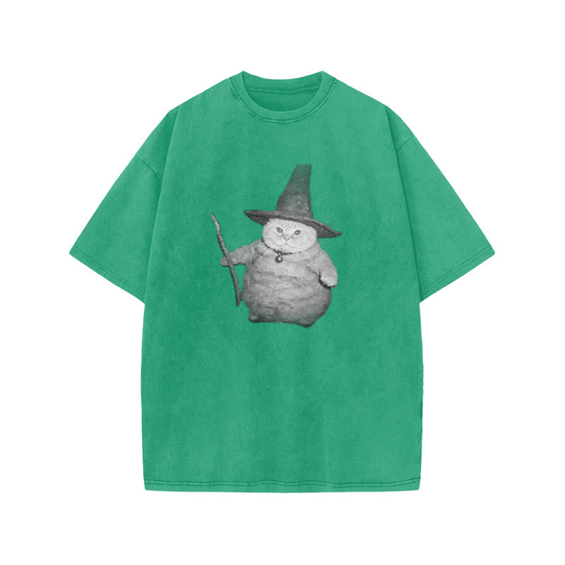 Unisex Wizard Cat Print Acid Washed T-shirt