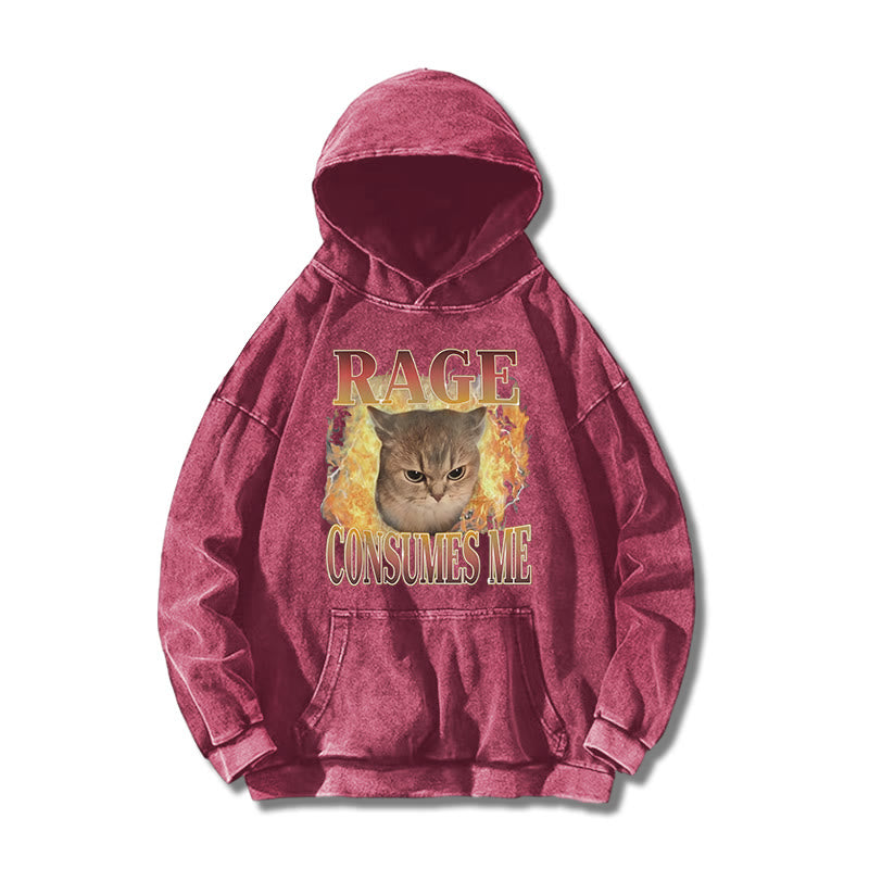Rage Consumes Me Meme Cat Printed Washed Hoodie