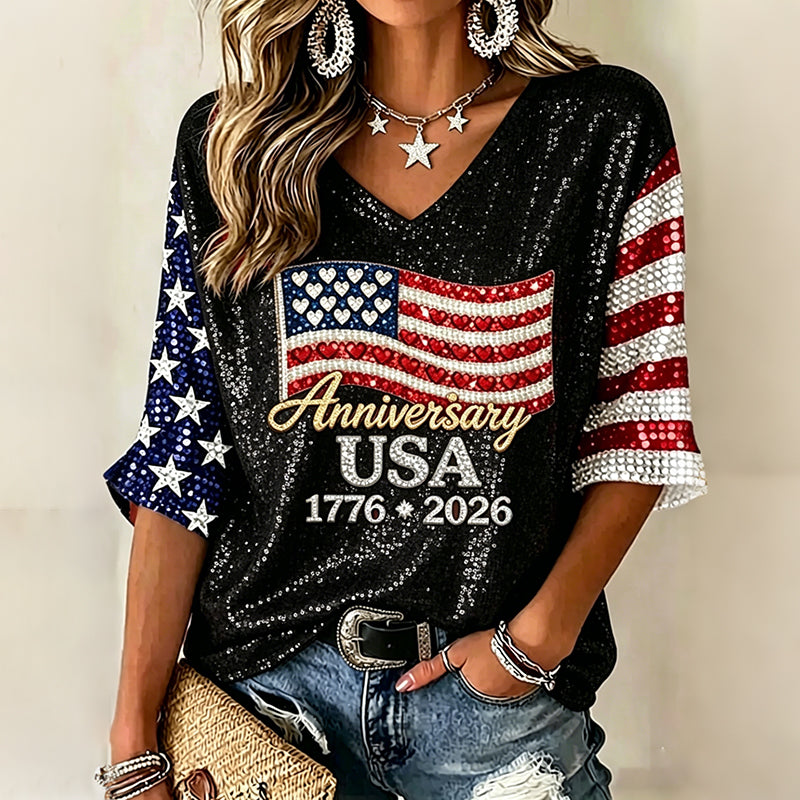 Women's Usa Anniversary Sequins Print V-neck T-shirt