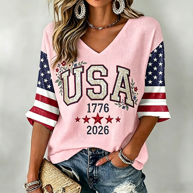 Women's Independence Day Art Three-quarter Sleeve V Neck Linen Tops