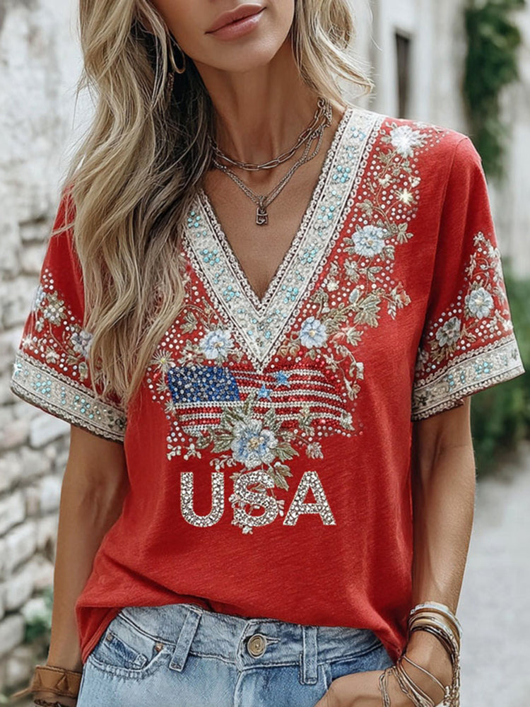 Women's Independence Day Rhinestone Flag Floral Pattern Casual T-shirt