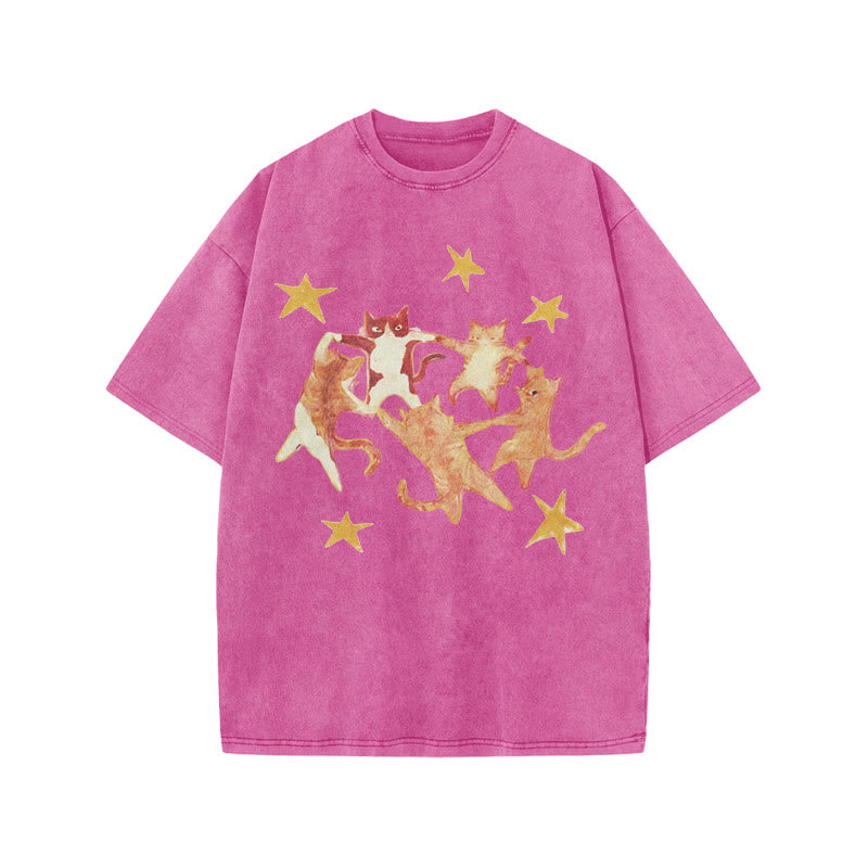 Cats Holding Hands And Dancing Print Acid Washed T-shirt