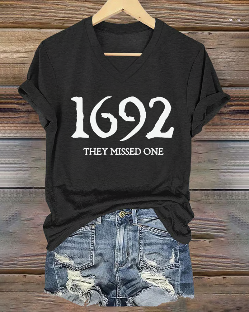 Women's 1692 They Missed One Salem Witch Print V Neck Short Sleeve Tshirt