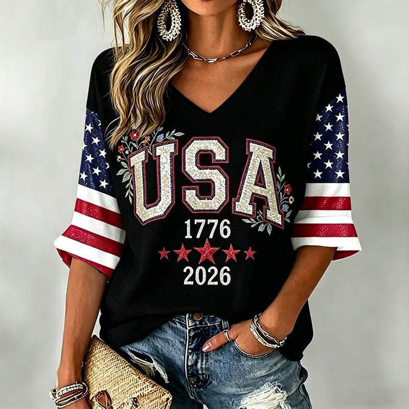 Women's Independence Day Art Three-quarter Sleeve V Neck Linen Tops