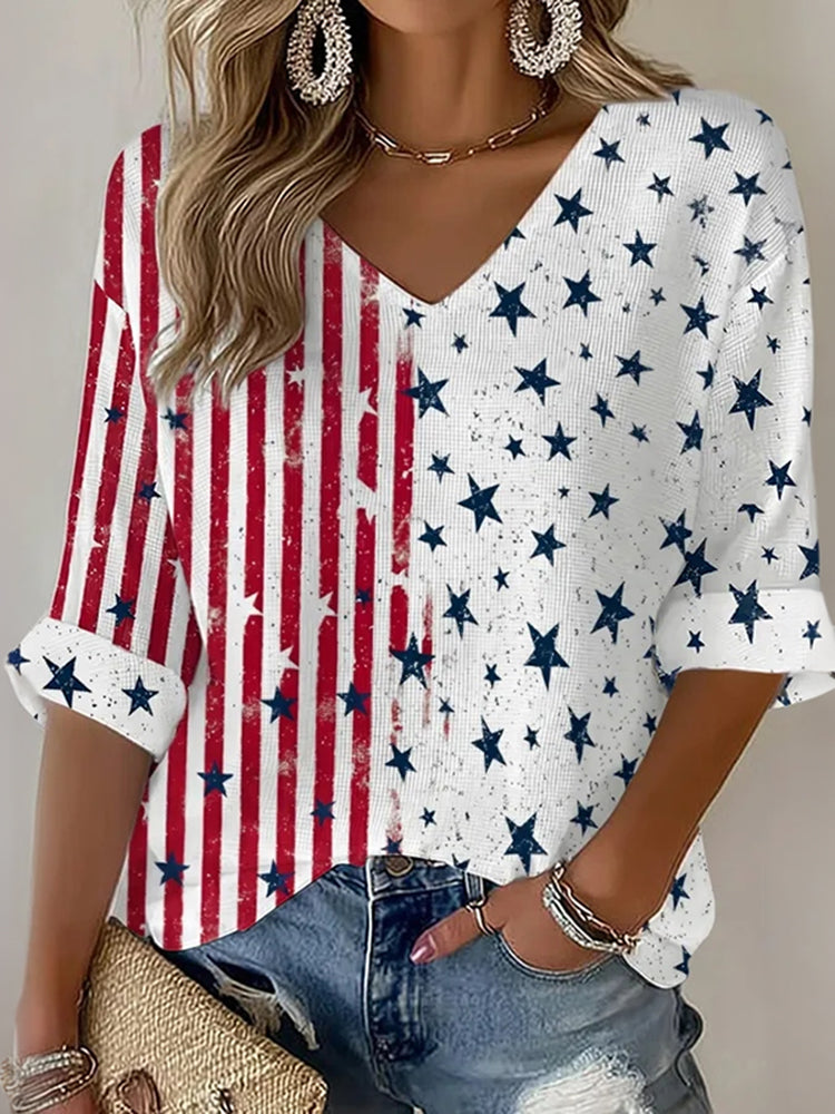 Women's Retro Flag Print Casual Linen Shirt