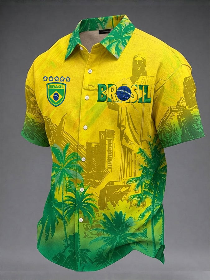 Men's Casual Short-Sleeve Shirt with Brazilian Football Print
