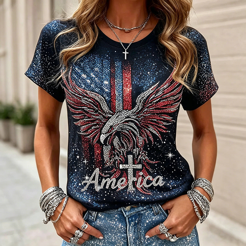 Women's Retro Independent Sun Eagle And Cross Rhinestone Casual T-shirt