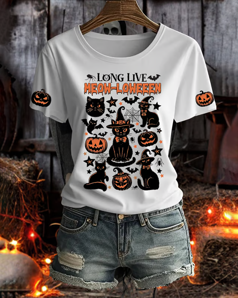 100% Cotton Women's Halloween Black Cat And Pumpkin Print Crew Neck Short Sleeve Tshirt