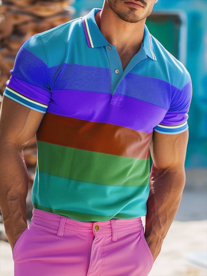 Men's Rainbow Multicolor Stripe Print Polo Shirt