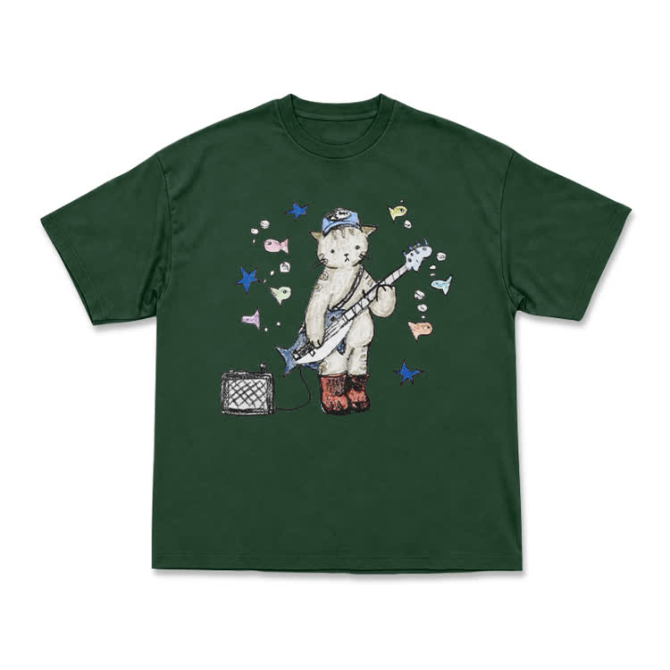 Artistic Star and Fish Guitar Cat Illustration T-Shirt