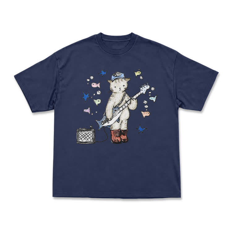 Artistic Star and Fish Guitar Cat Illustration T-Shirt