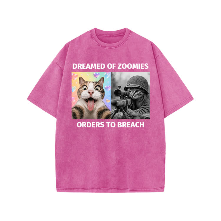 Streetwear Zoomies Cat Graphic Print Acid Washed T-shirt