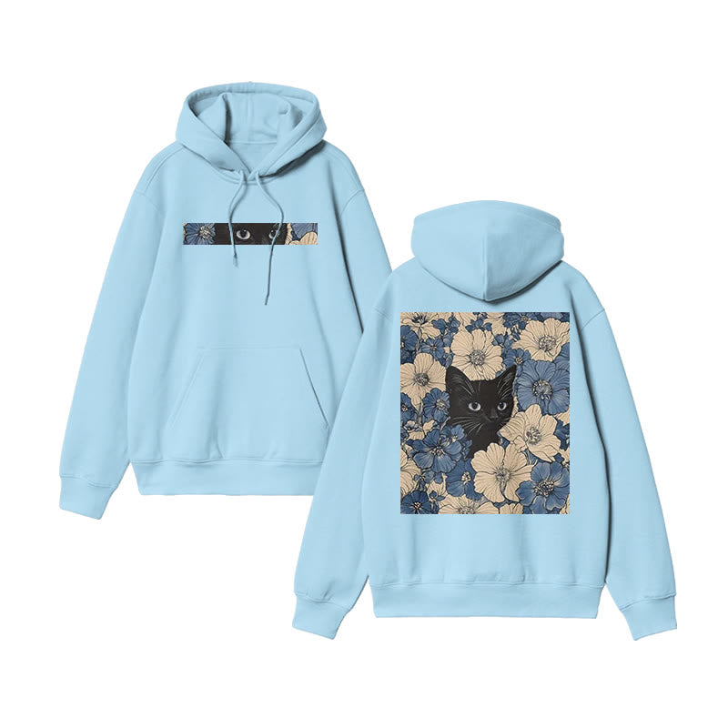 Black Cat In A Patchwork Flower Field Print Hoodie