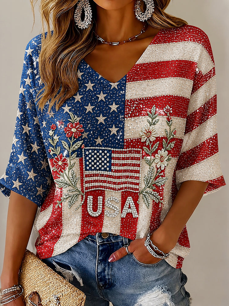 Women's Usa Anniversary Hot Diamond Printing Casual T-shirt
