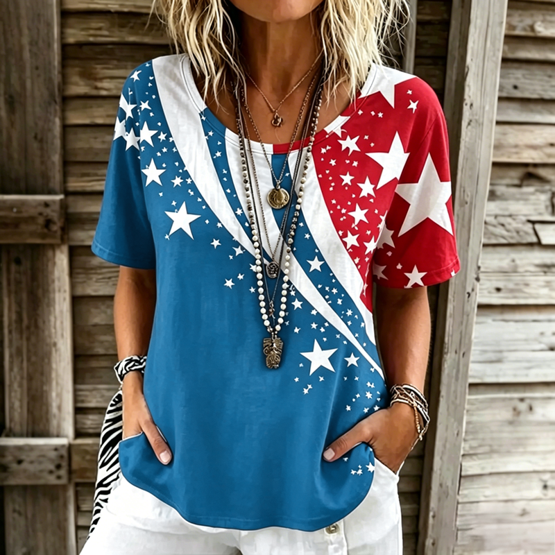 Women's Vintage Floral Flag Patchwork Art Print Tshirt