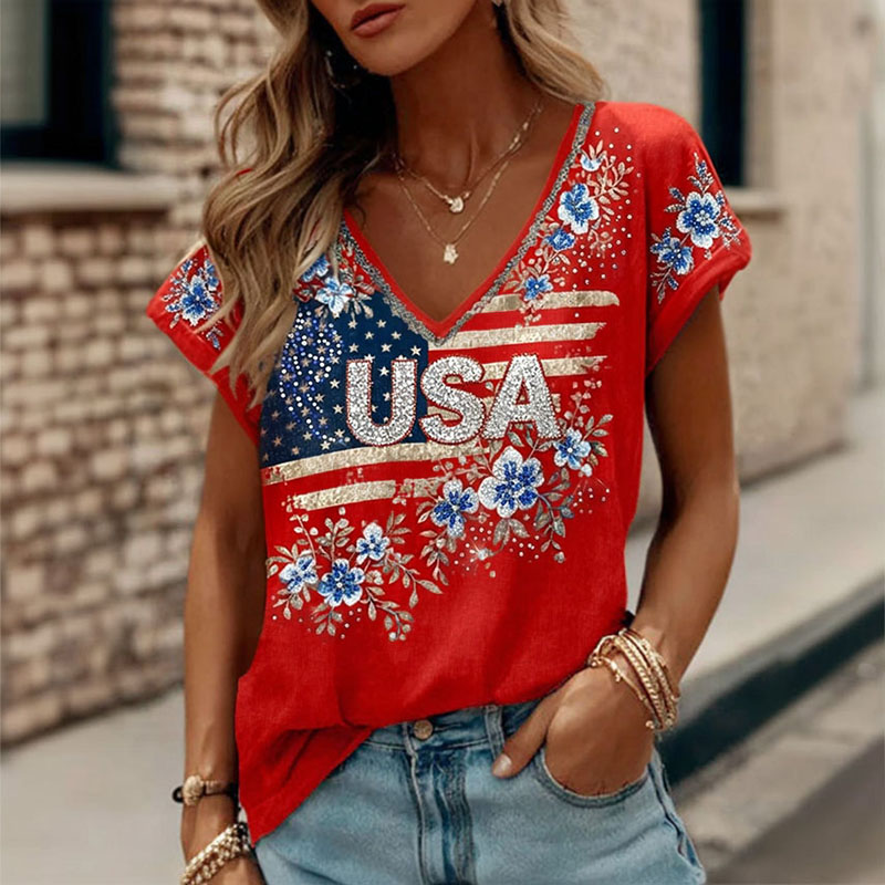 Women's Retro Independence Day Rhinestone Flag Floral Pattern Casual T-shirt