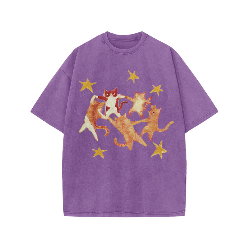 Cats Holding Hands And Dancing Print Acid Washed T-shirt