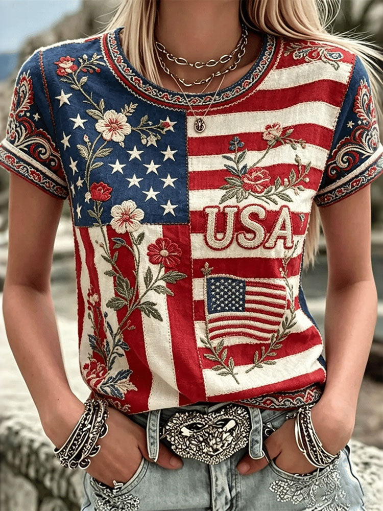 Women's Vintage Anniversary Flag Flower Art Print Linen Blend Casual T-shirt