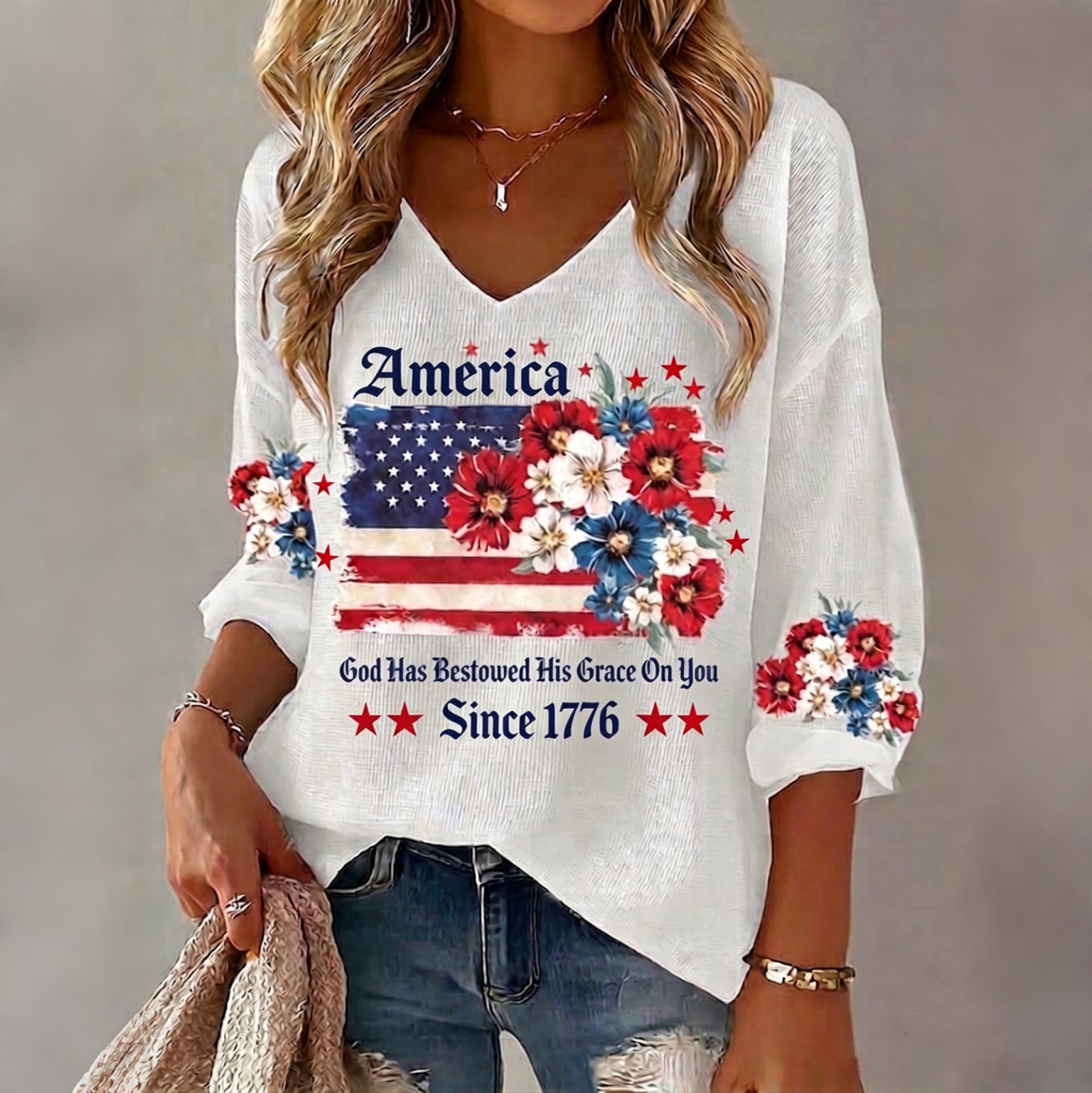 Women's Anniversary National Flag Floral Print Waffle Long Sleeve T-shirt
