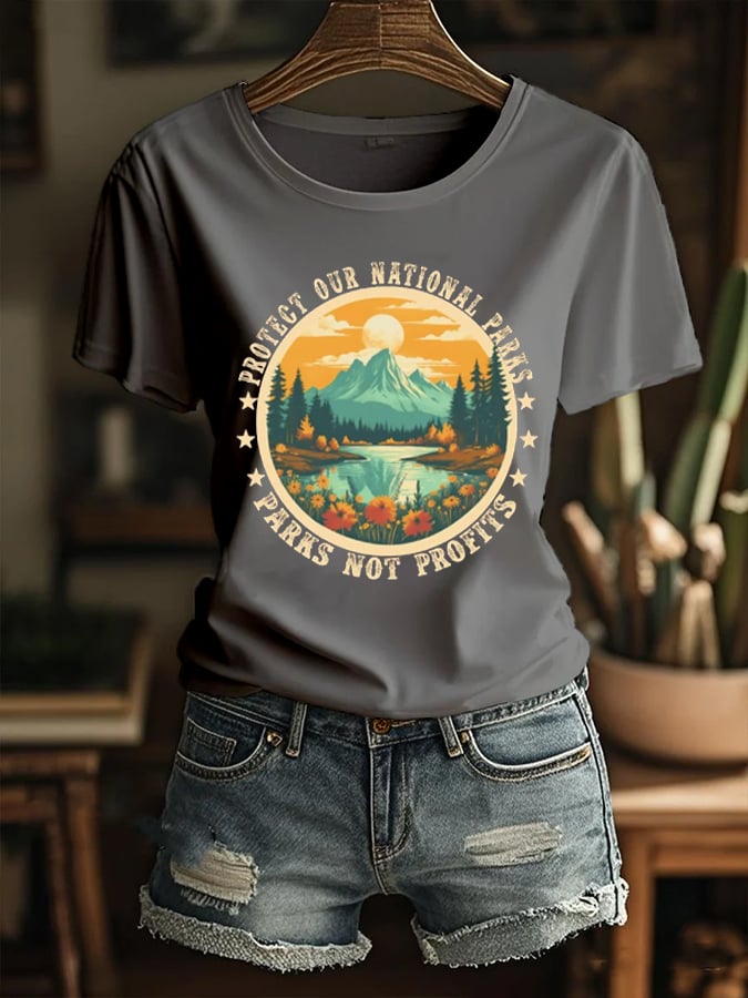 Women's Protect Our National Parks,Parks No Profits Printed Round Neck T-Shirt