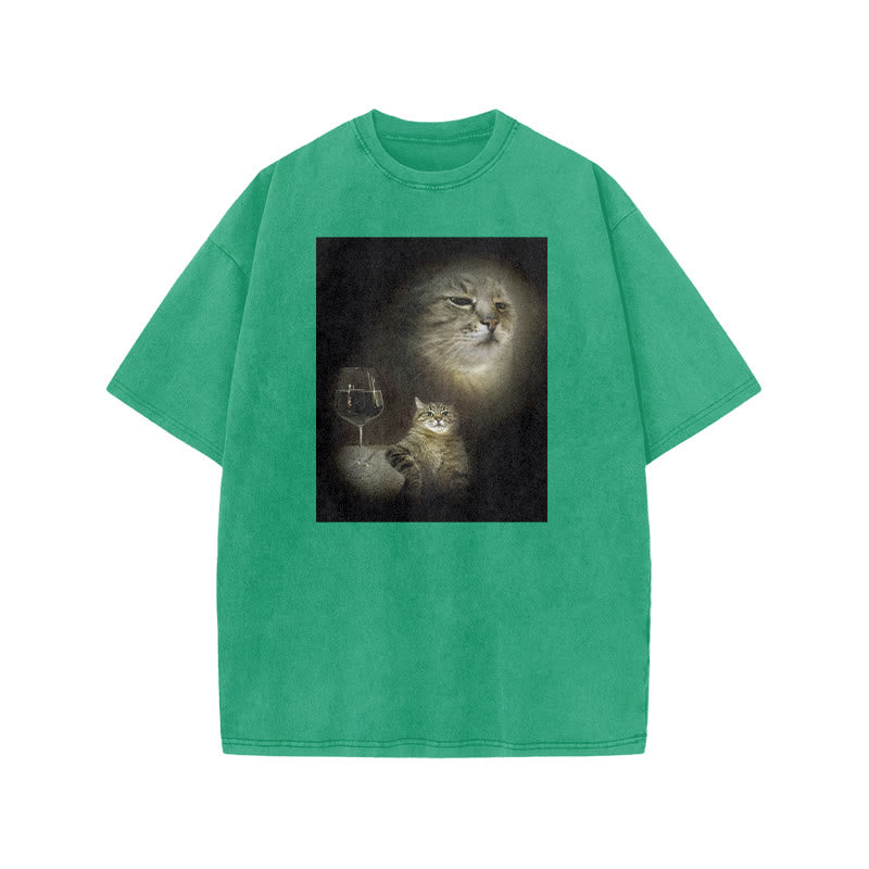 Unisex Cat And Wine Print Acid Washed T-shirt