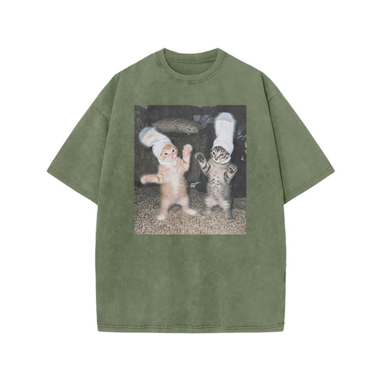 Vintage Photo Cute Twin Cat Graphic Print Acid Washed T-Shirt