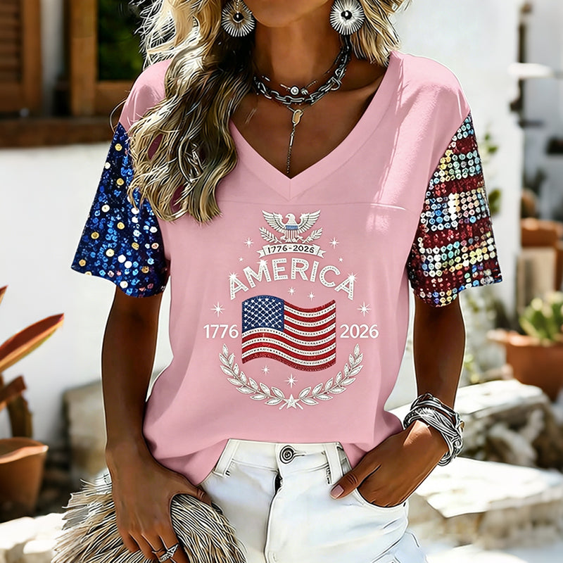 Women's American Flag Art Sequin Casual V-neck Short Sleeve Top