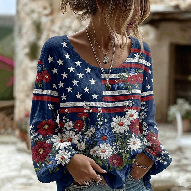 Women's Vintage Independence Day Flag Flower Art Print Linen Blend T-shirt