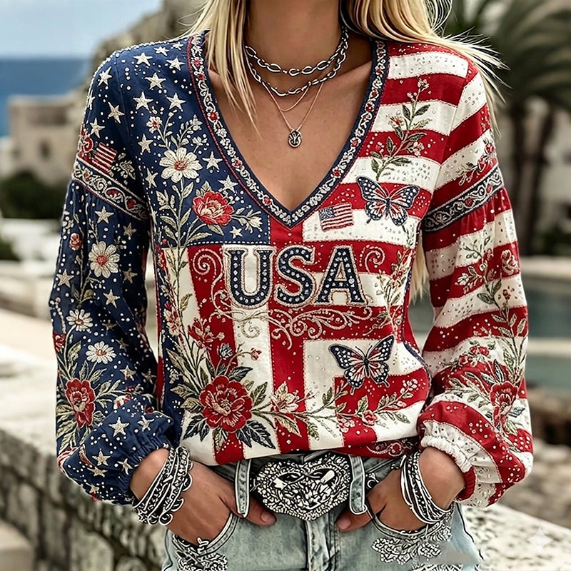 Women's Vintage Anniversary Flag Flower Art Print V Neck Linen Long Sleeve Blend T-shirt