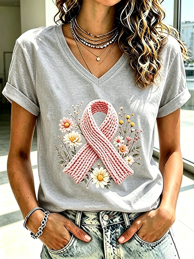Women's Retro Flower Breast Cancer Awareness Printed T-Shirt
