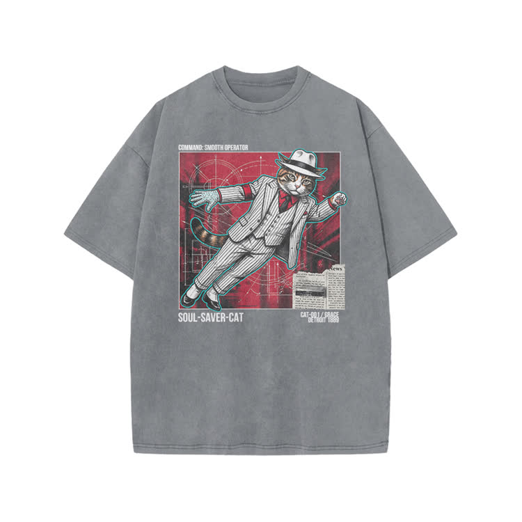 Vintage Soul Saver Cat Graphic Print Acid Washed T-shirt
