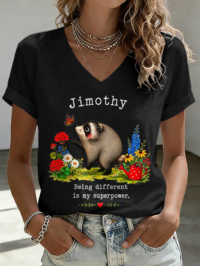 V-Neck Retro Jimothy Raccoon Being Different Is My Superpower Print T-Shirt