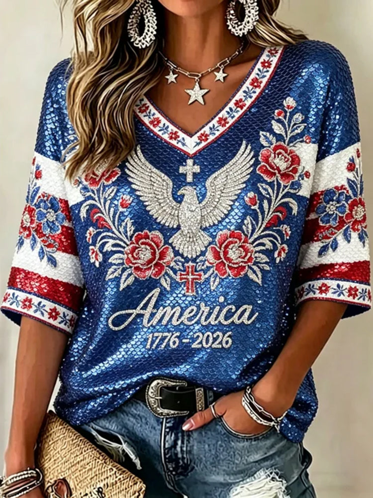 Women's Retro Independence Day Floral And Eagle Art Color Block Casual V-neck Top