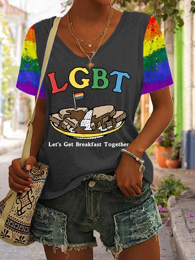 Women's Funny LGBT Let's Get Breakfast Together Print V Neck T-Shirt