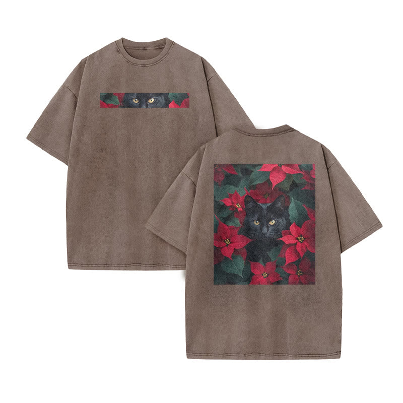 A Black Cat In A Field Of Christmas Flowers Print Acid Washed T-shirt